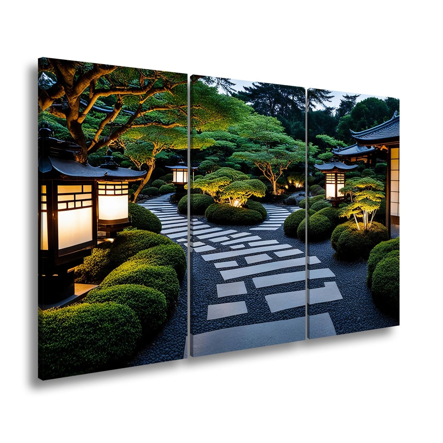 Leinwandbild Japanischer Garten im Licht mit Formschnittbüschen XXL – Natur Zen - deyoli