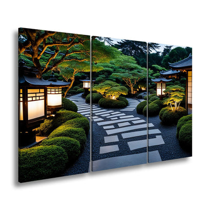 Leinwandbild Japanischer Garten im Licht mit Formschnittbüschen XXL – Natur Zen - deyoli