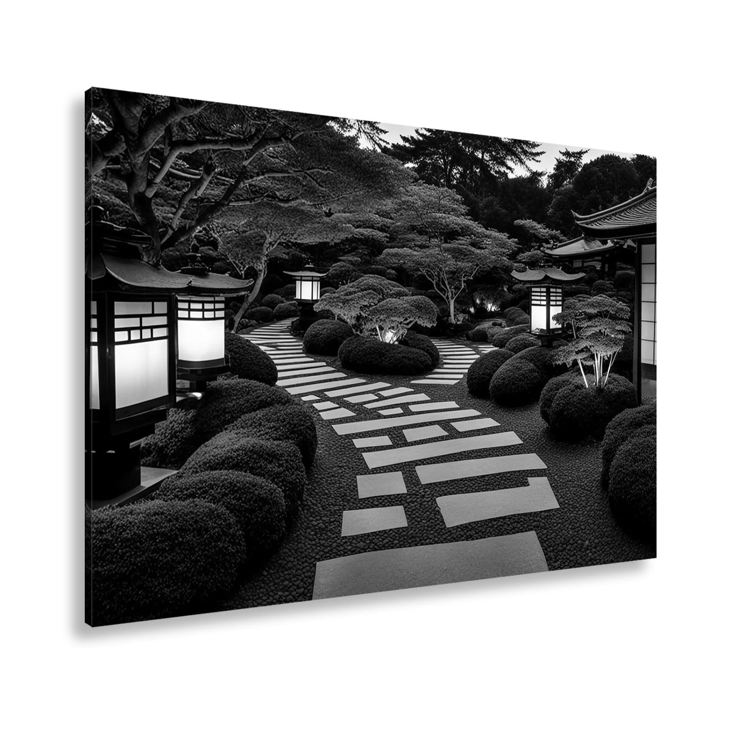 Leinwandbild Japanischer Garten im Licht mit Formschnittbüschen XXL – Natur Zen - deyoli