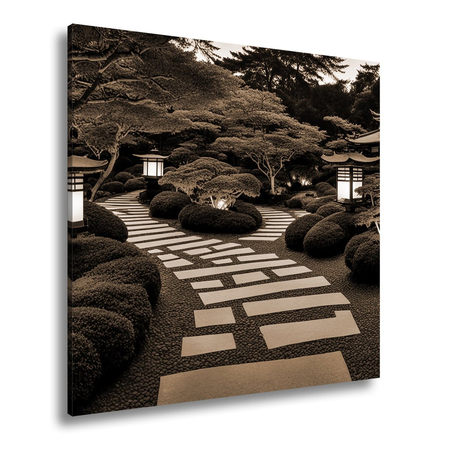 Leinwandbild Japanischer Garten im Licht mit Formschnittbüschen XXL – Natur Zen - deyoli