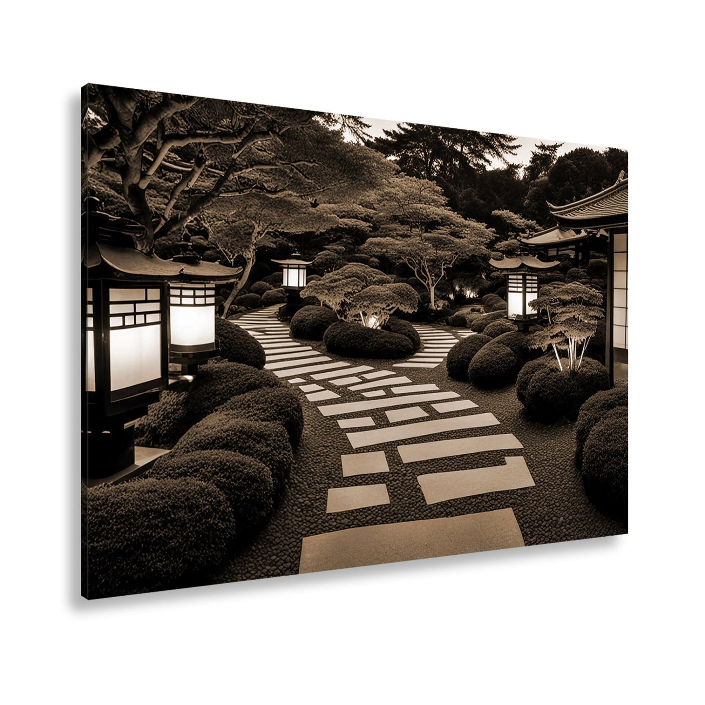 Leinwandbild Japanischer Garten im Licht mit Formschnittbüschen XXL – Natur Zen - deyoli