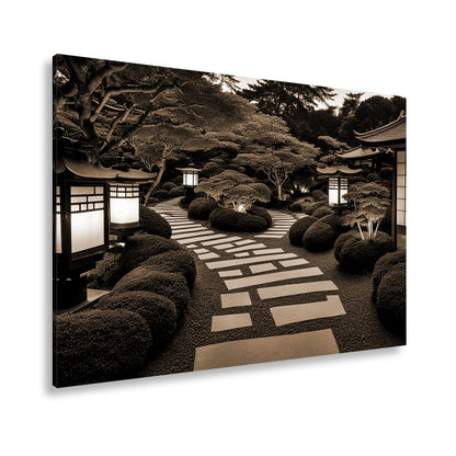 Leinwandbild Japanischer Garten im Licht mit Formschnittbüschen XXL – Natur Zen - deyoli