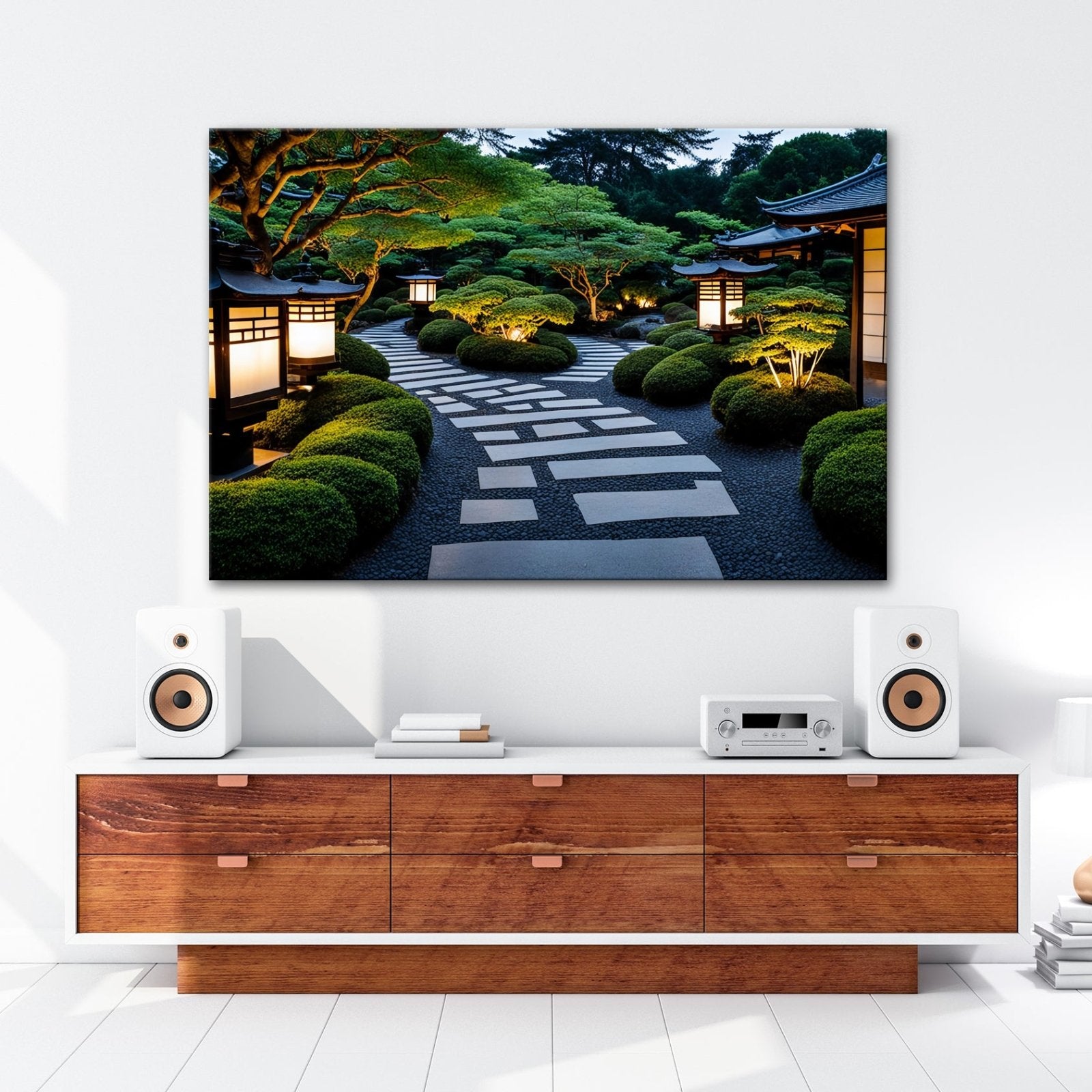 Leinwandbild Japanischer Garten im Licht mit Formschnittbüschen XXL – Natur Zen - deyoli