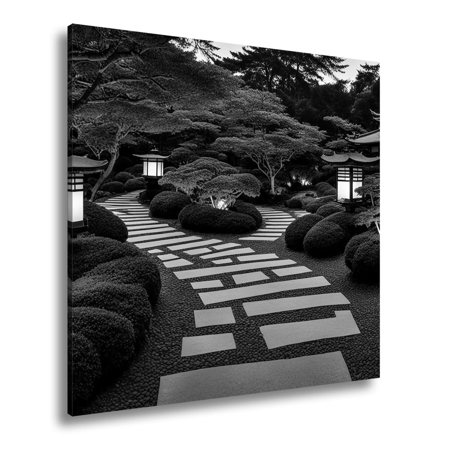 Leinwandbild Japanischer Garten im Licht mit Formschnittbüschen XXL – Natur Zen - deyoli