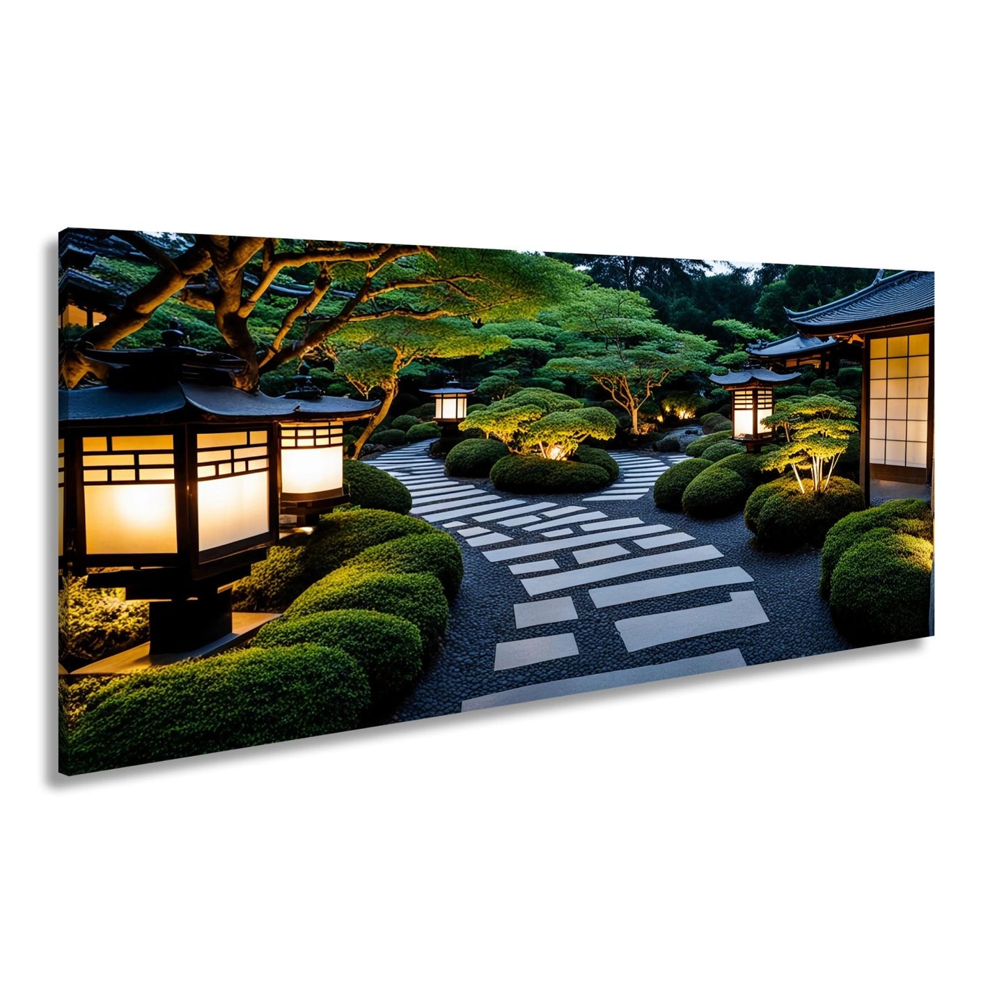 Leinwandbild Japanischer Garten im Licht mit Formschnittbüschen XXL – Natur Zen - deyoli
