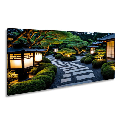 Leinwandbild Japanischer Garten im Licht mit Formschnittbüschen XXL – Natur Zen - deyoli