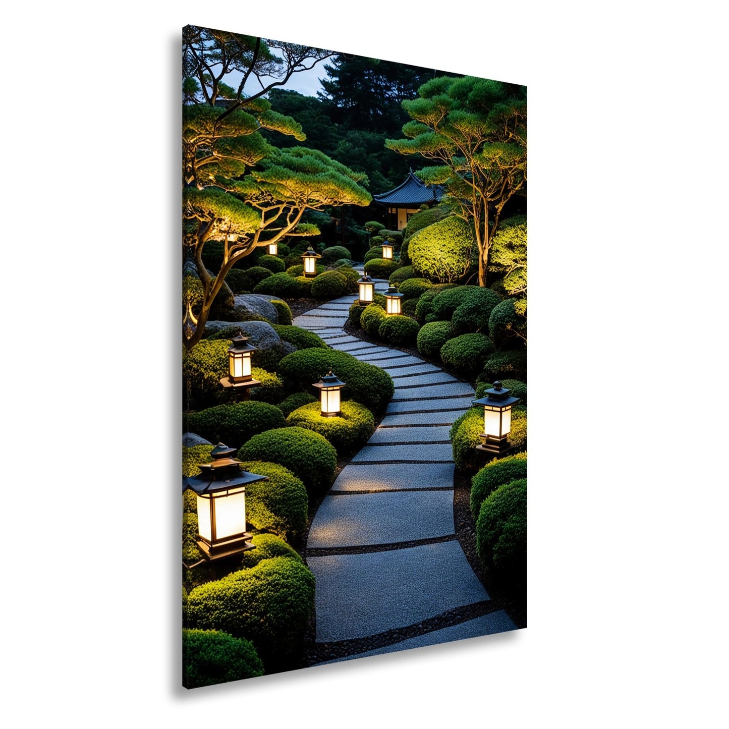 Leinwandbild Japanischer Gartenweg mit stillen Laternen XXL – Zen Wandbild - deyoli