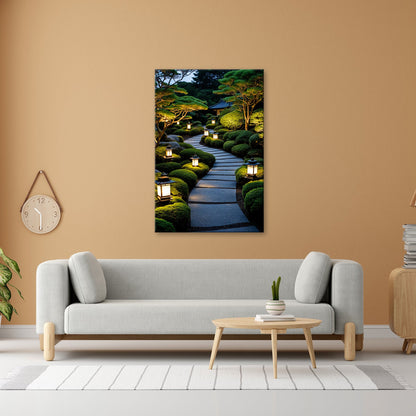 Leinwandbild Japanischer Gartenweg mit stillen Laternen XXL – Zen Wandbild - deyoli