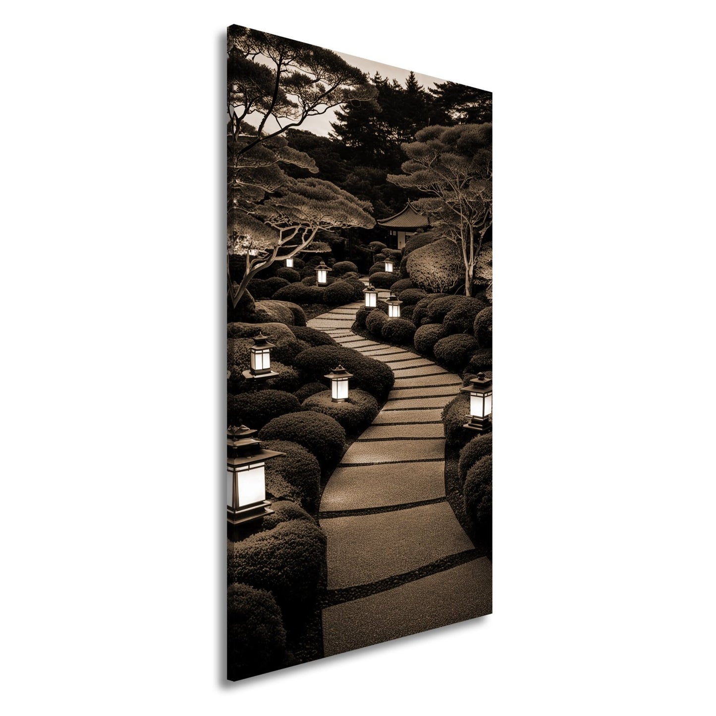 Leinwandbild Japanischer Gartenweg mit stillen Laternen XXL – Zen Wandbild - deyoli