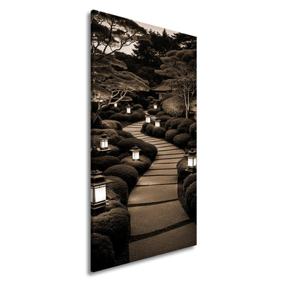 Leinwandbild Japanischer Gartenweg mit stillen Laternen XXL – Zen Wandbild - deyoli