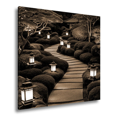 Leinwandbild Japanischer Gartenweg mit stillen Laternen XXL – Zen Wandbild - deyoli