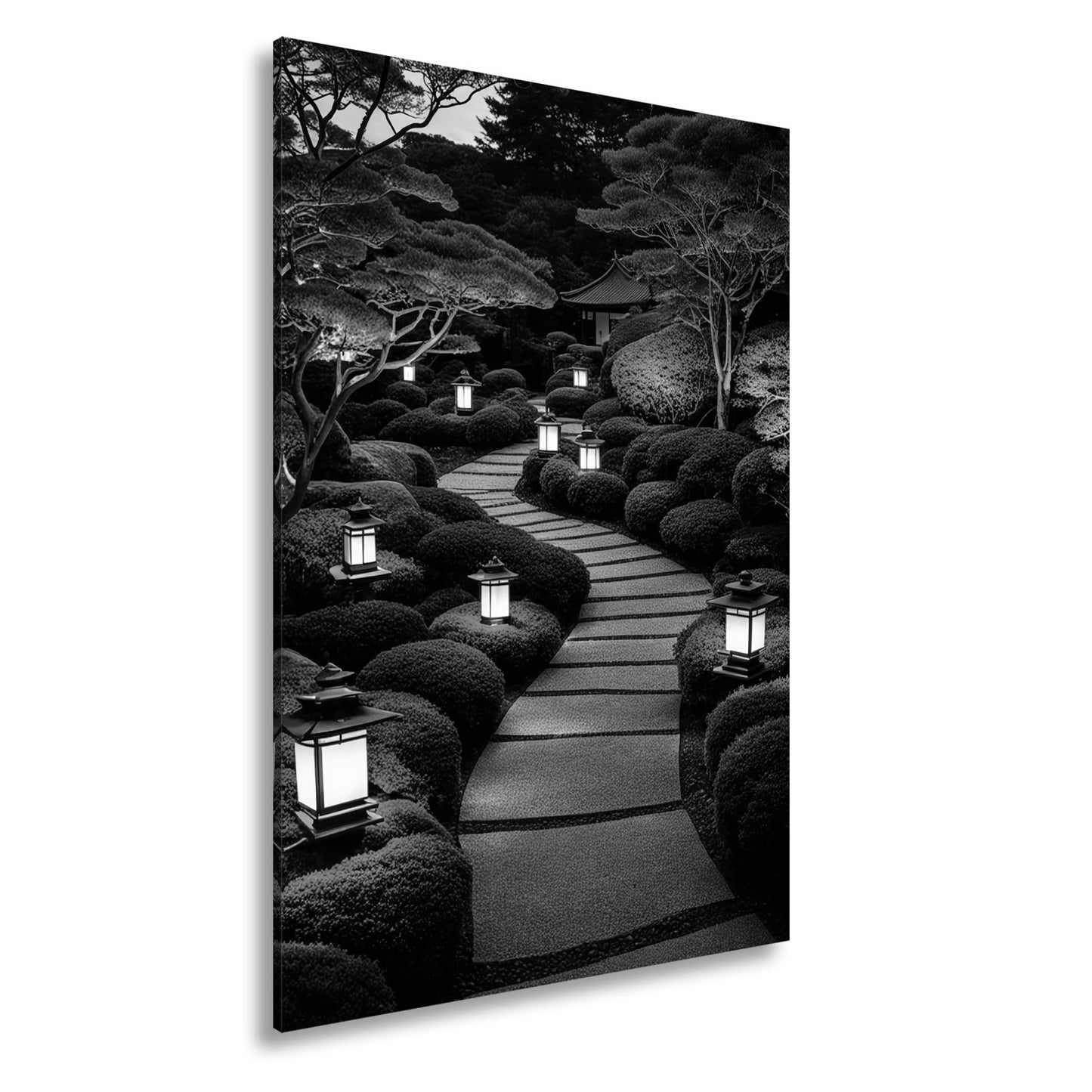 Leinwandbild Japanischer Gartenweg mit stillen Laternen XXL – Zen Wandbild - deyoli
