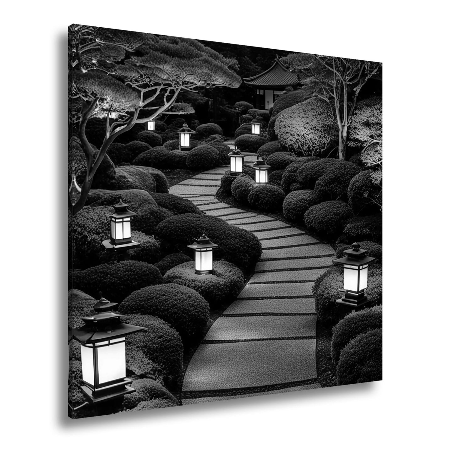 Leinwandbild Japanischer Gartenweg mit stillen Laternen XXL – Zen Wandbild - deyoli