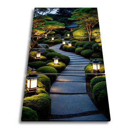 Leinwandbild Japanischer Gartenweg mit stillen Laternen XXL – Zen Wandbild - deyoli