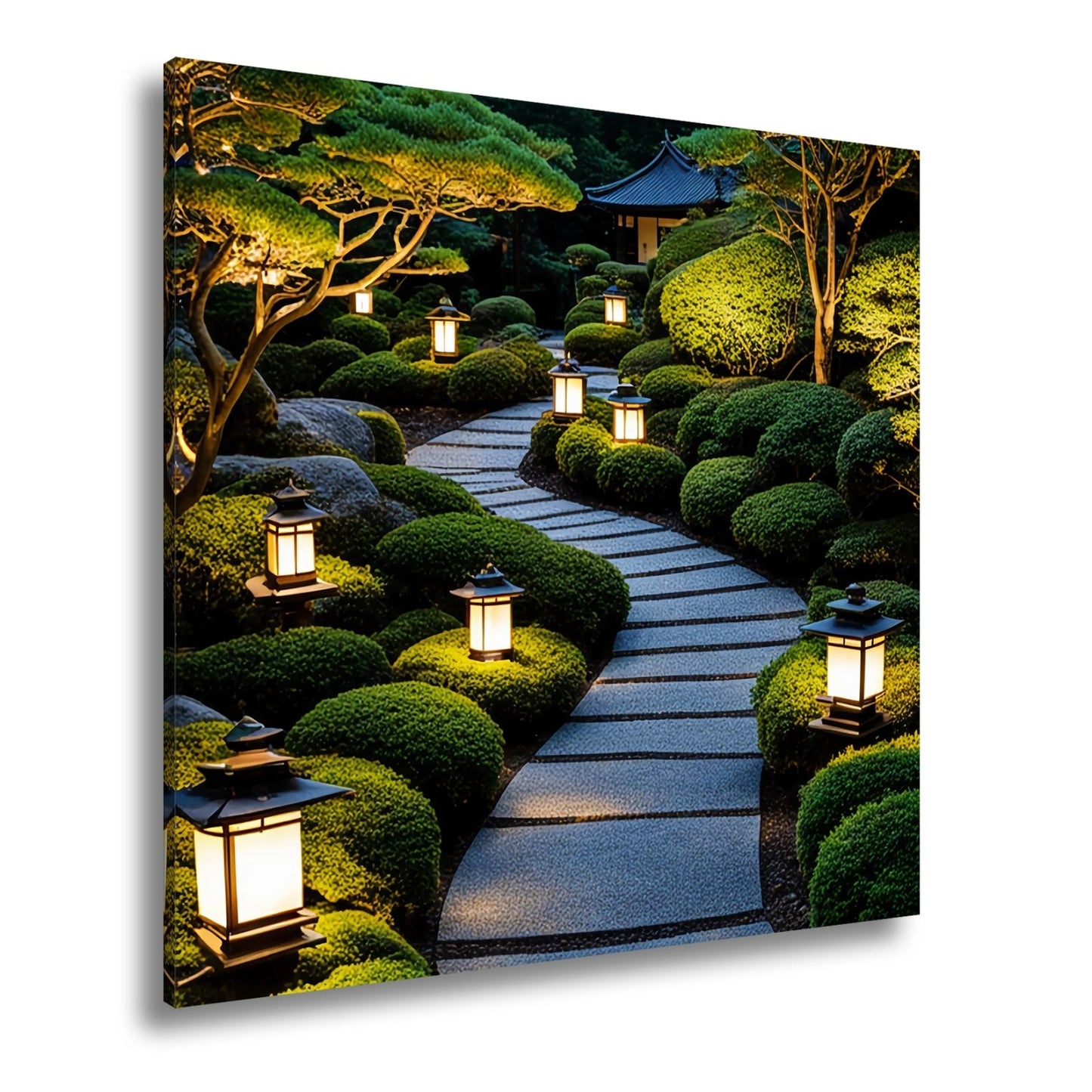 Leinwandbild Japanischer Gartenweg mit stillen Laternen XXL – Zen Wandbild - deyoli