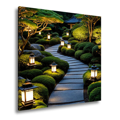 Leinwandbild Japanischer Gartenweg mit stillen Laternen XXL – Zen Wandbild - deyoli