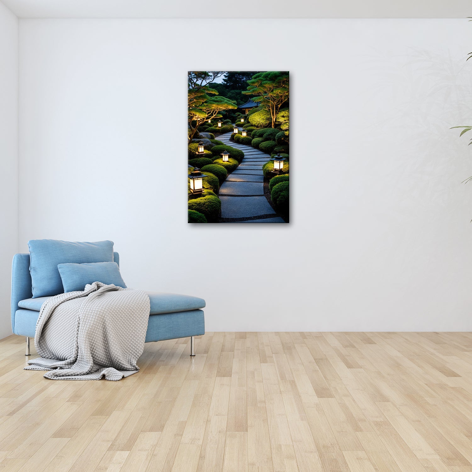 Leinwandbild Japanischer Gartenweg mit stillen Laternen XXL – Zen Wandbild - deyoli