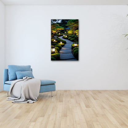 Leinwandbild Japanischer Gartenweg mit stillen Laternen XXL – Zen Wandbild - deyoli