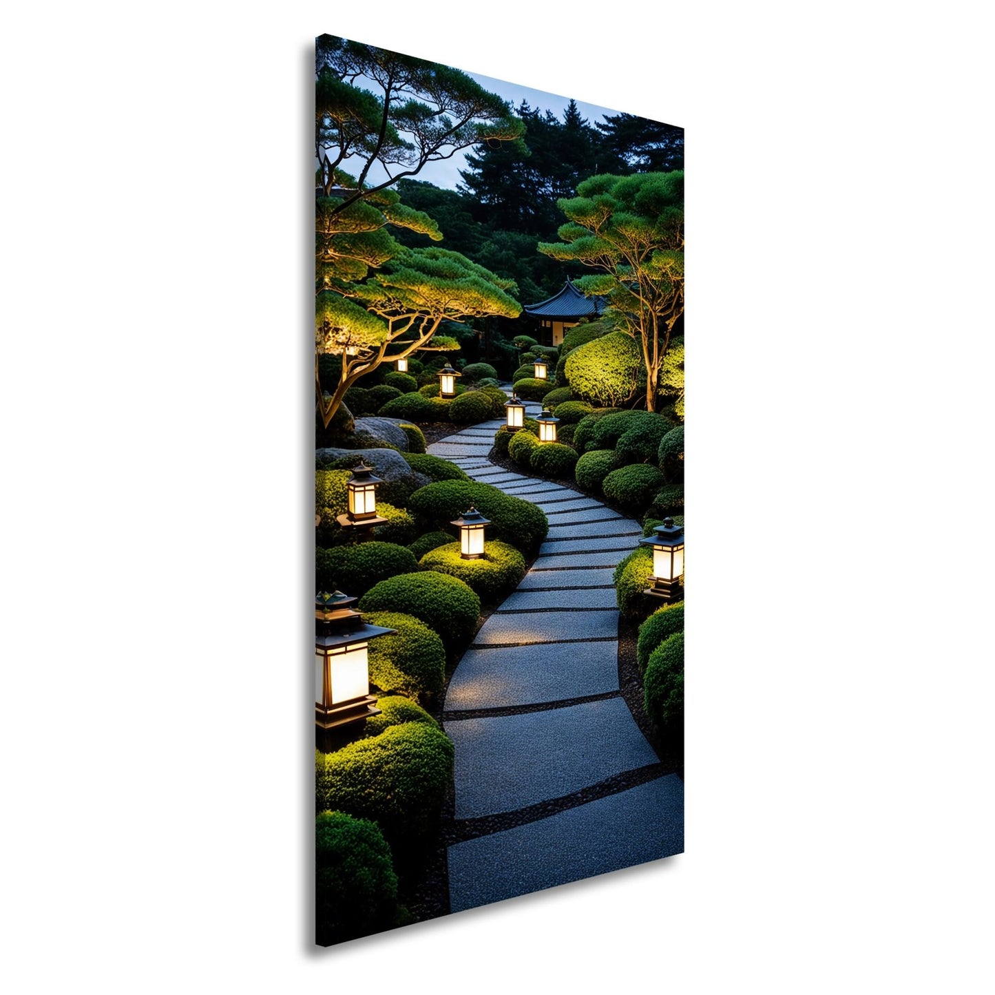 Leinwandbild Japanischer Gartenweg mit stillen Laternen XXL – Zen Wandbild - deyoli