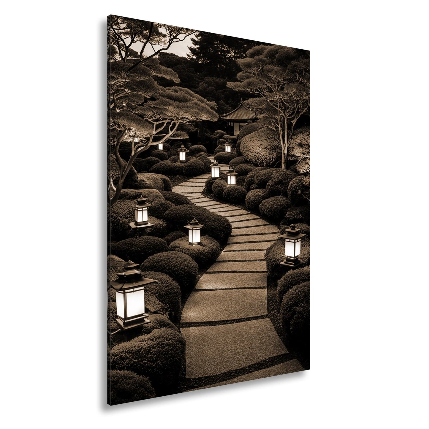 Leinwandbild Japanischer Gartenweg mit stillen Laternen XXL – Zen Wandbild - deyoli
