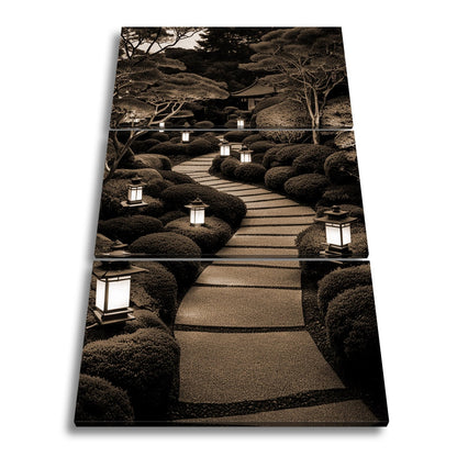 Leinwandbild Japanischer Gartenweg mit stillen Laternen XXL – Zen Wandbild - deyoli