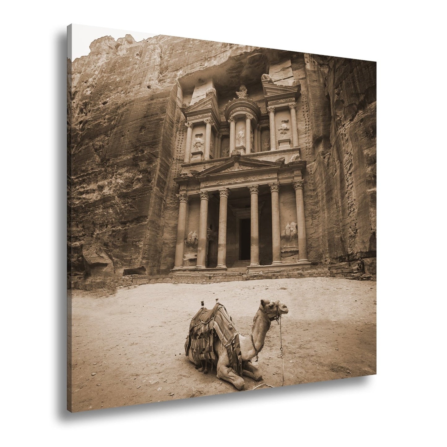 Leinwandbild Kamel ruht vor Petras in Stein gehauener Majestät. - deyoli
