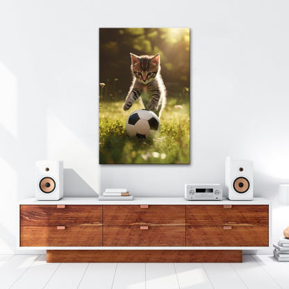 Leinwandbild Katzenkick – flauschiger Fußballspaß im Sonnenlicht. - deyoli