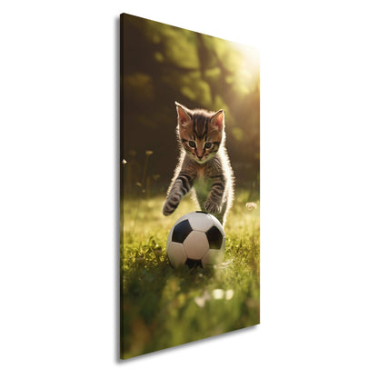 Leinwandbild Katzenkick – flauschiger Fußballspaß im Sonnenlicht. - deyoli