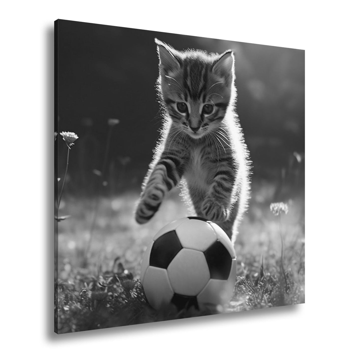 Leinwandbild Katzenkick – flauschiger Fußballspaß im Sonnenlicht. - deyoli