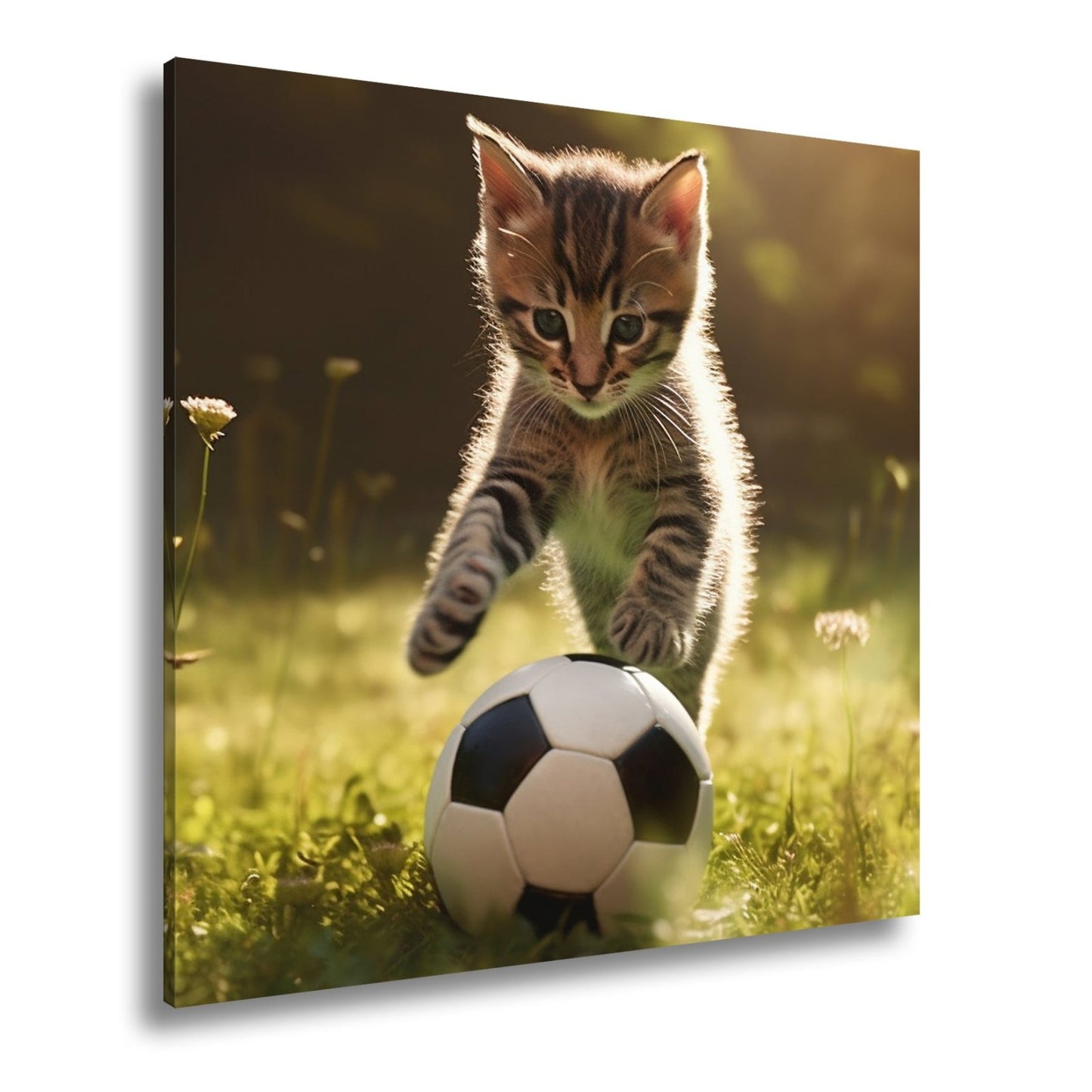 Leinwandbild Katzenkick – flauschiger Fußballspaß im Sonnenlicht. - deyoli