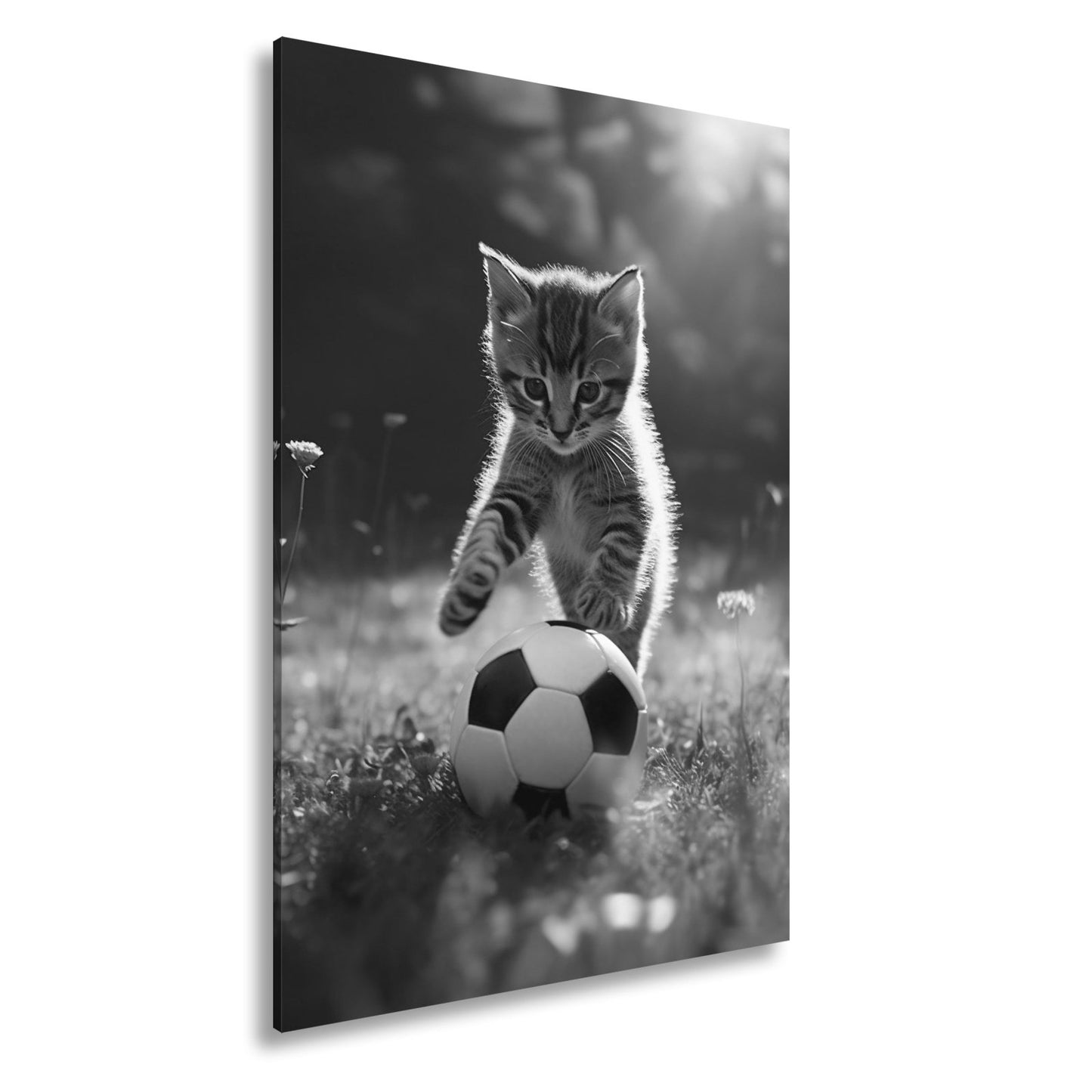 Leinwandbild Katzenkick – flauschiger Fußballspaß im Sonnenlicht. - deyoli