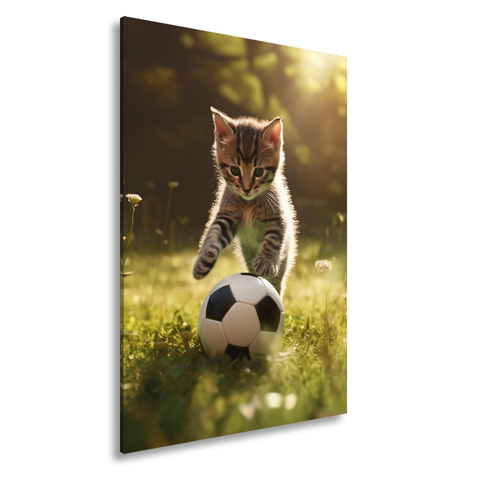 Leinwandbild Katzenkick – flauschiger Fußballspaß im Sonnenlicht. - deyoli