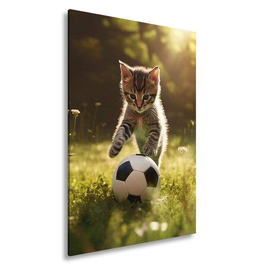 Leinwandbild Katzenkick – flauschiger Fußballspaß im Sonnenlicht. - deyoli