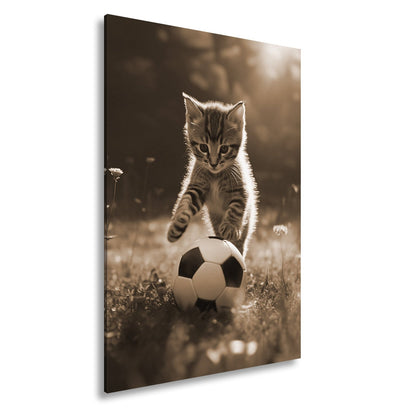 Leinwandbild Katzenkick – flauschiger Fußballspaß im Sonnenlicht. - deyoli