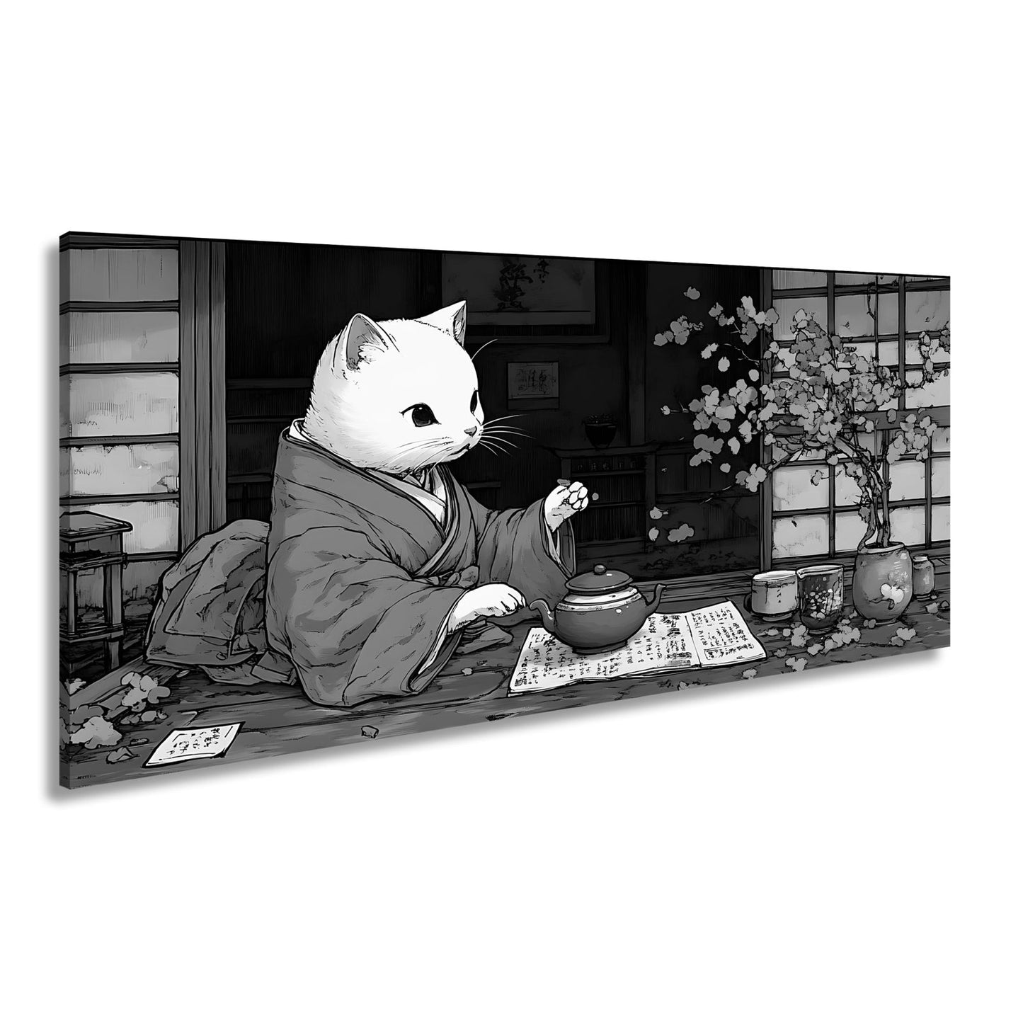 Leinwandbild Katzenzeremonie im Kimono – Teezeit mit Kirschblütenzauber. - deyoli
