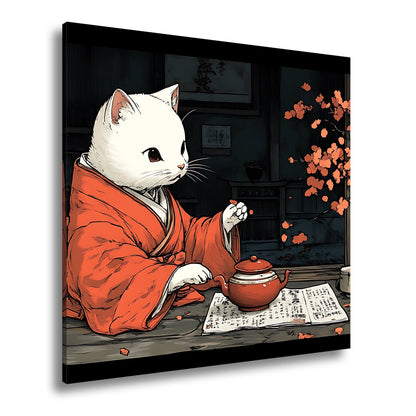 Leinwandbild Katzenzeremonie im Kimono – Teezeit mit Kirschblütenzauber. - deyoli