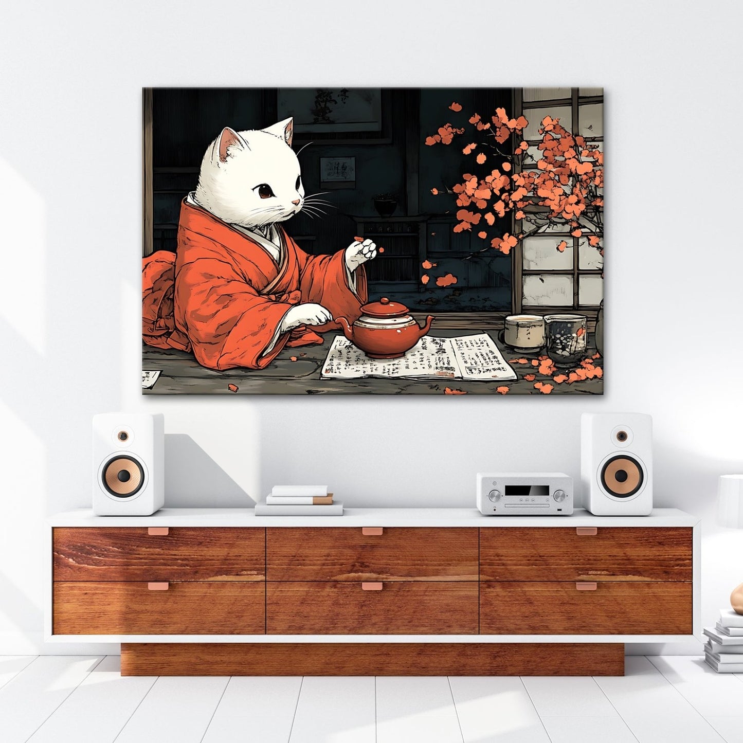 Leinwandbild Katzenzeremonie im Kimono – Teezeit mit Kirschblütenzauber. - deyoli