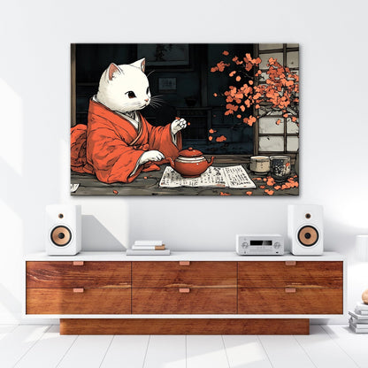Leinwandbild Katzenzeremonie im Kimono – Teezeit mit Kirschblütenzauber. - deyoli