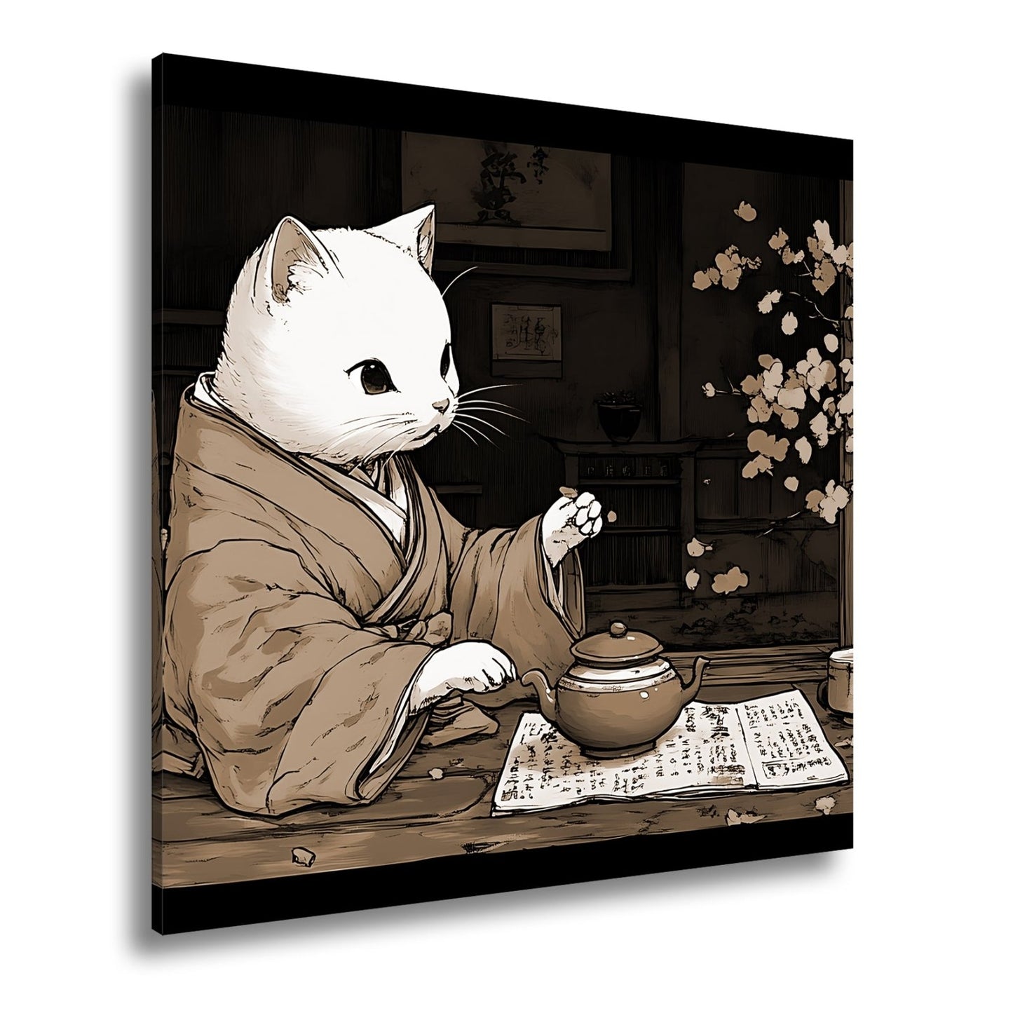 Leinwandbild Katzenzeremonie im Kimono – Teezeit mit Kirschblütenzauber. - deyoli