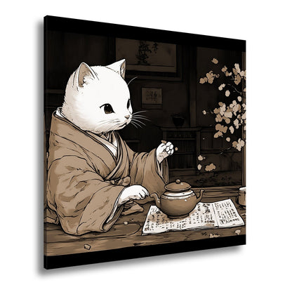 Leinwandbild Katzenzeremonie im Kimono – Teezeit mit Kirschblütenzauber. - deyoli