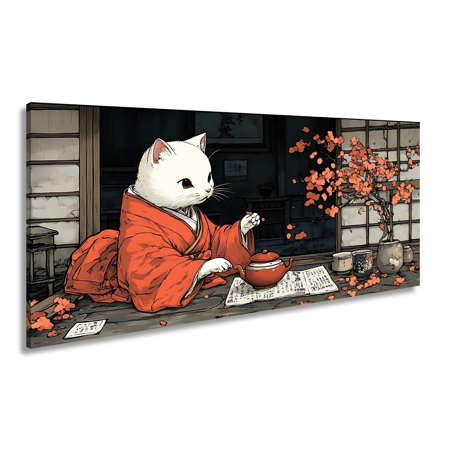 Leinwandbild Katzenzeremonie im Kimono – Teezeit mit Kirschblütenzauber. - deyoli