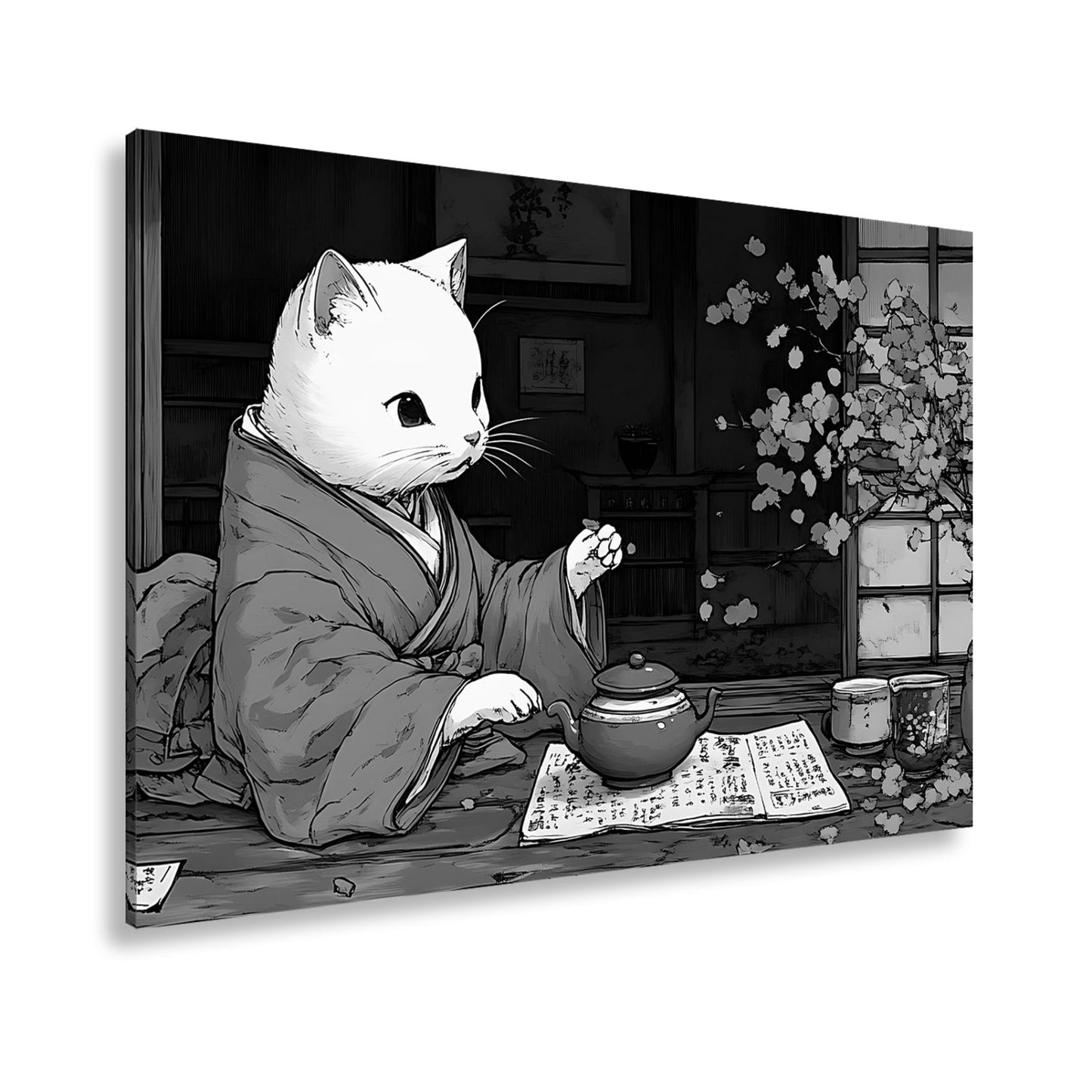 Leinwandbild Katzenzeremonie im Kimono – Teezeit mit Kirschblütenzauber. - deyoli