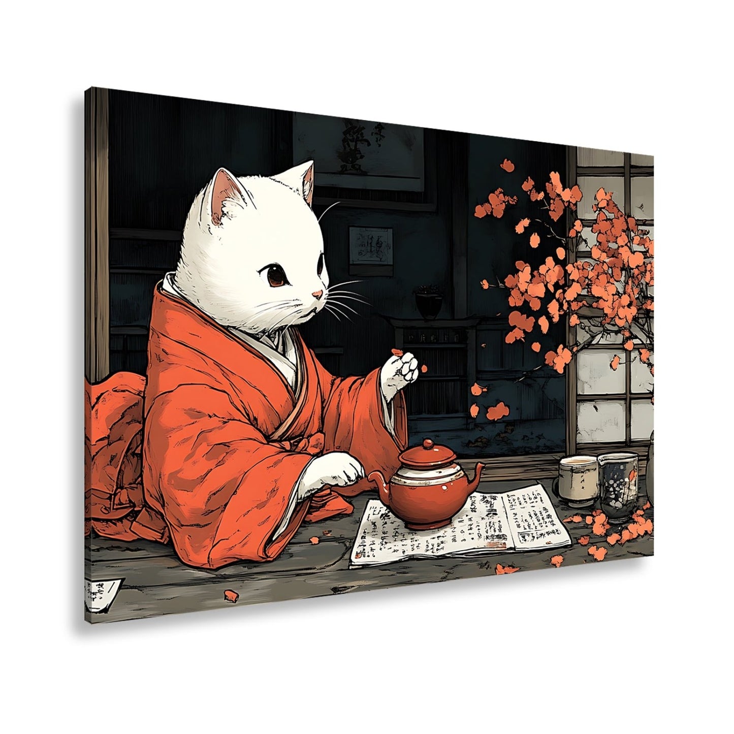 Leinwandbild Katzenzeremonie im Kimono – Teezeit mit Kirschblütenzauber. - deyoli