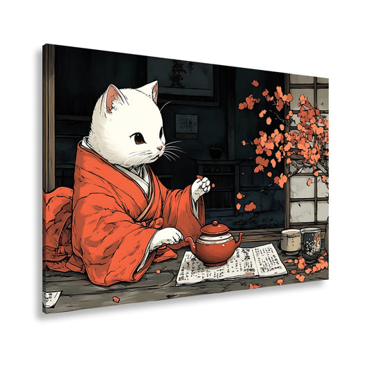 Leinwandbild Katzenzeremonie im Kimono – Teezeit mit Kirschblütenzauber. - deyoli
