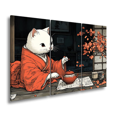 Leinwandbild Katzenzeremonie im Kimono – Teezeit mit Kirschblütenzauber. - deyoli
