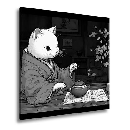 Leinwandbild Katzenzeremonie im Kimono – Teezeit mit Kirschblütenzauber. - deyoli