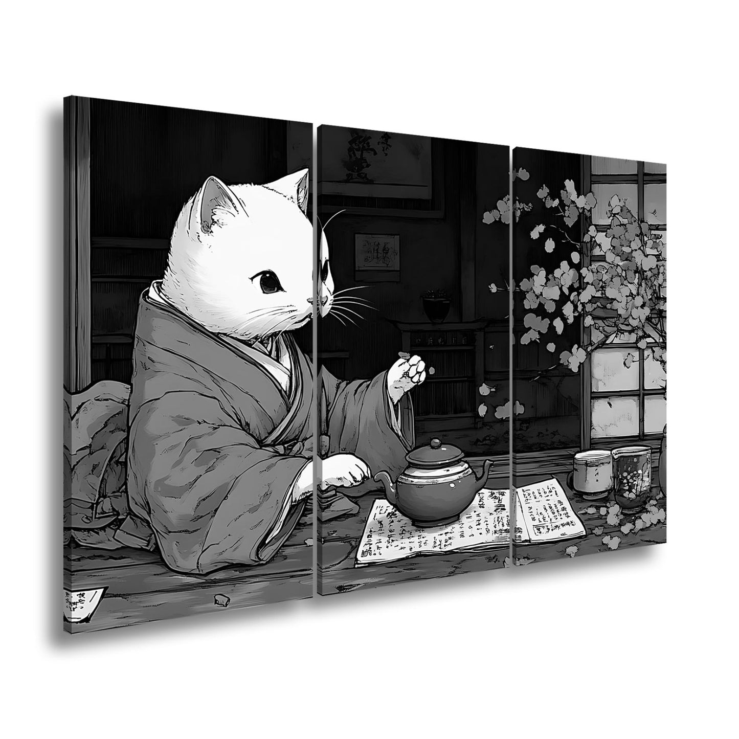 Leinwandbild Katzenzeremonie im Kimono – Teezeit mit Kirschblütenzauber. - deyoli