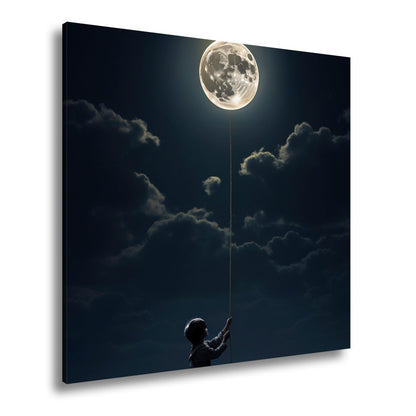 Leinwandbild Kind hält den Mond wie einen Traum an einer Schnur - deyoli