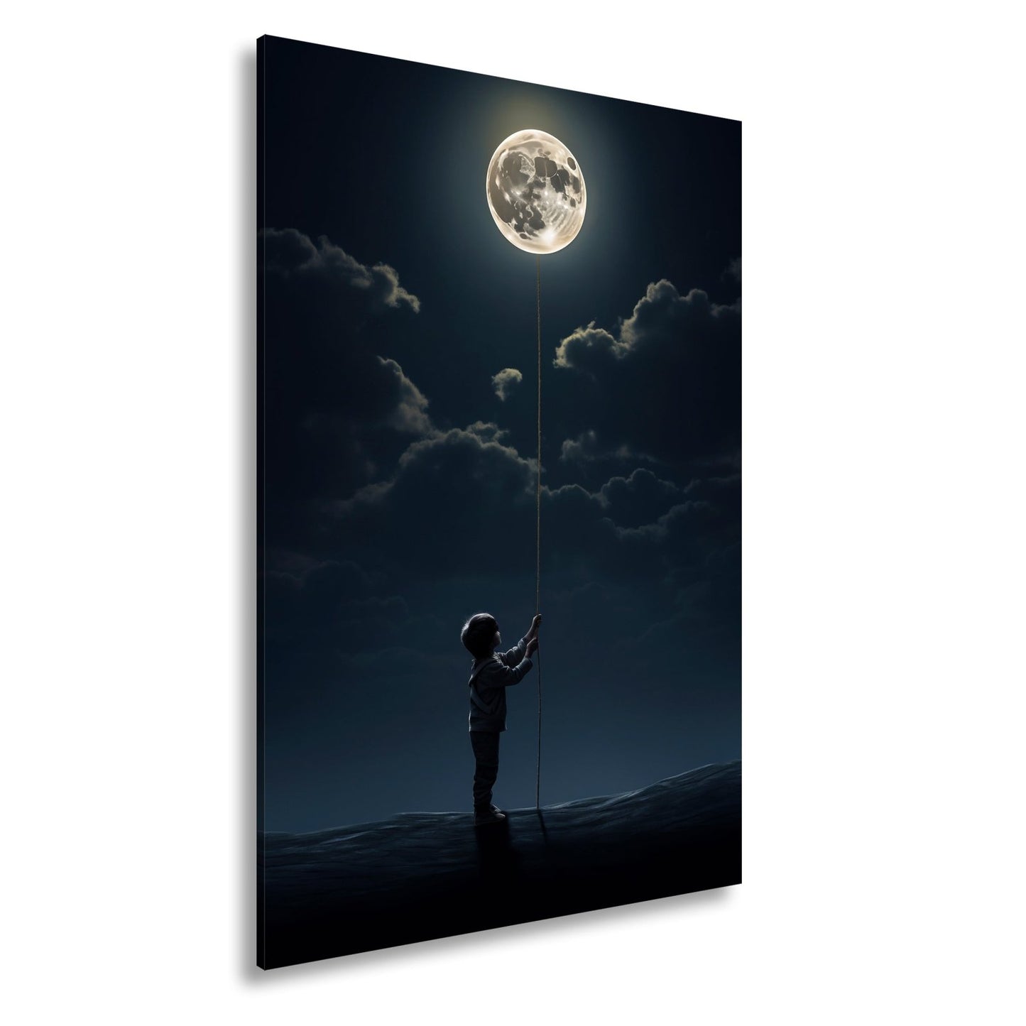Leinwandbild Kind hält den Mond wie einen Traum an einer Schnur - deyoli