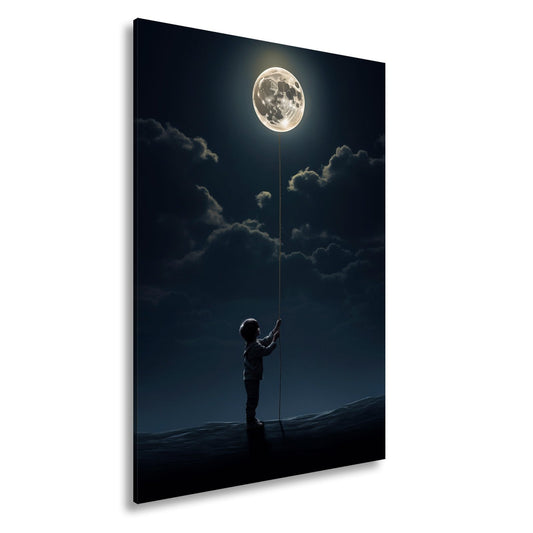 Leinwandbild Kind hält den Mond wie einen Traum an einer Schnur - deyoli
